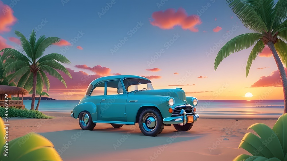 Summer color background with car and palm trees on the beach.