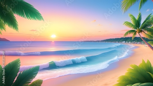 a sunset with a palm tree in the beach  background