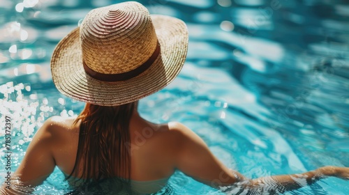 Young woman relaxing near pool with straw hat