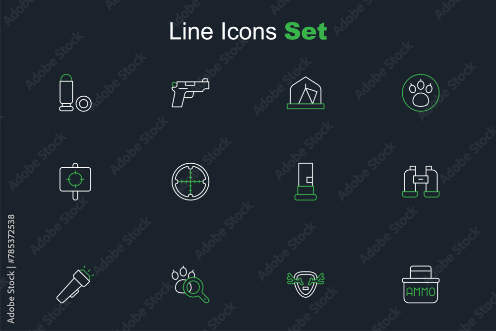 Set line Ammunition box, Deer antlers shield, Paw search, Flashlight, Binoculars, Cartridges, Sniper optical sight and Target sport icon. Vector Set line Ammunition box, Deer antlers shield, Paw search, Flashlight, Binoculars, Cartridges, Sniper optical sight and Target sport icon. Vector
