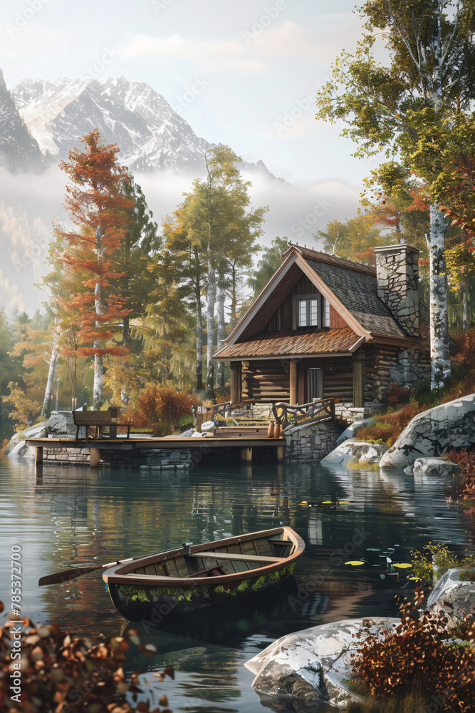 Fototapeta premium Serene Lakeside Cabin: Private Dock and Rowboat