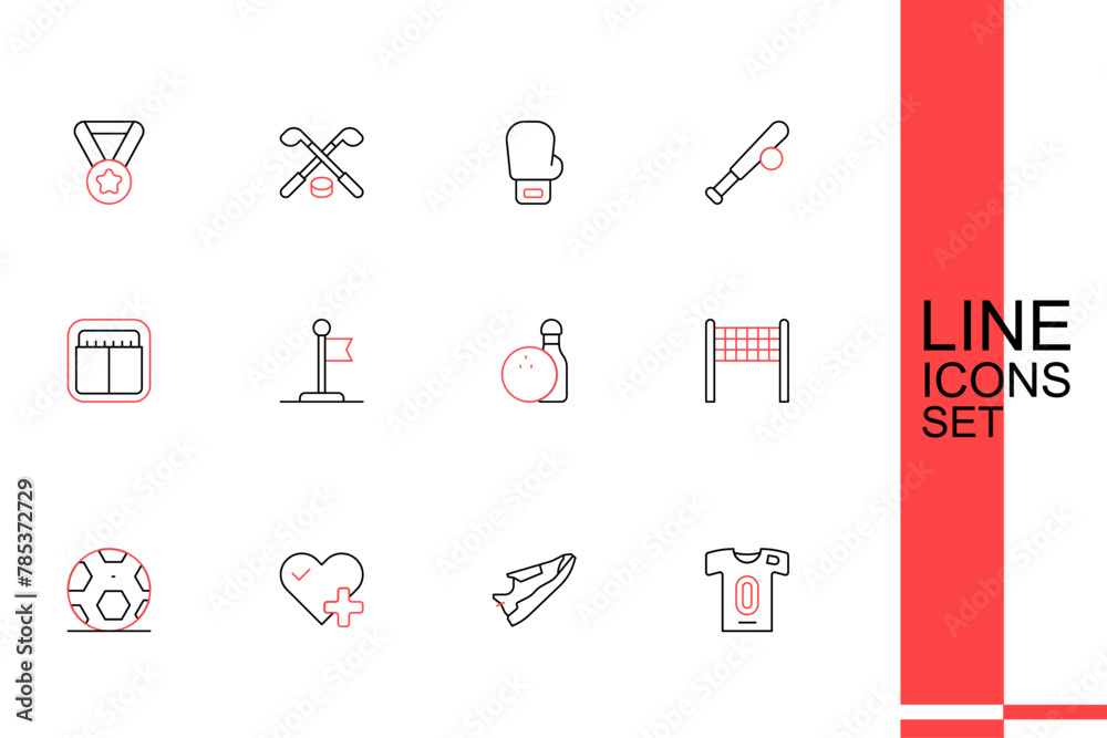 Set line Football jersey and t-shirt, Fitness sneakers shoes, Heart rate, Soccer football, Volleyball net, Bowling pin, Flag and Sport mechanical scoreboard icon. Vector Set line Football jersey and t-shirt, Fitness sneakers shoes, Heart rate, Soccer football, Volleyball net, Bowling pin, Flag and Sport mechanical scoreboard icon. Vector