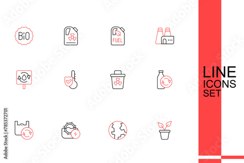 Set line Plant in pot, Earth globe, Water mill, Shopping bag with recycle, Recycling plastic bottle, Infectious waste, Thermometer and Recycle clean aqua icon. Vector