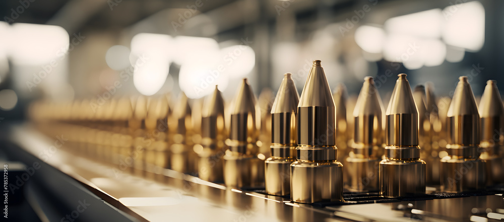 Bullets on the production line of a machine at a military weapon factory Bullets on the production line of a machine at a military weapon factory