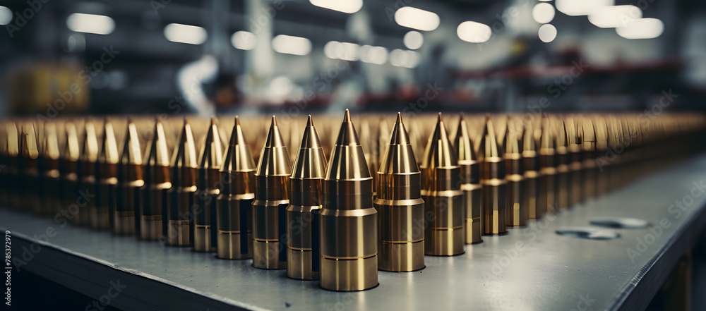 Bullets on the production line of a machine at a military weapon factory