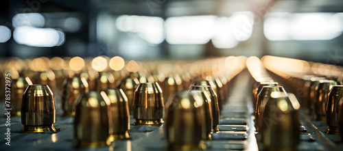 Bullets on the production line of a machine at a military weapon factory photo