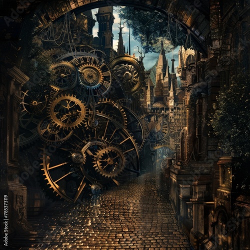 A captivating steampunk archway adorned with gears and clockwork elements leads to a distant city  inviting viewers into a world of fantasy  where technology and imagination intertwine