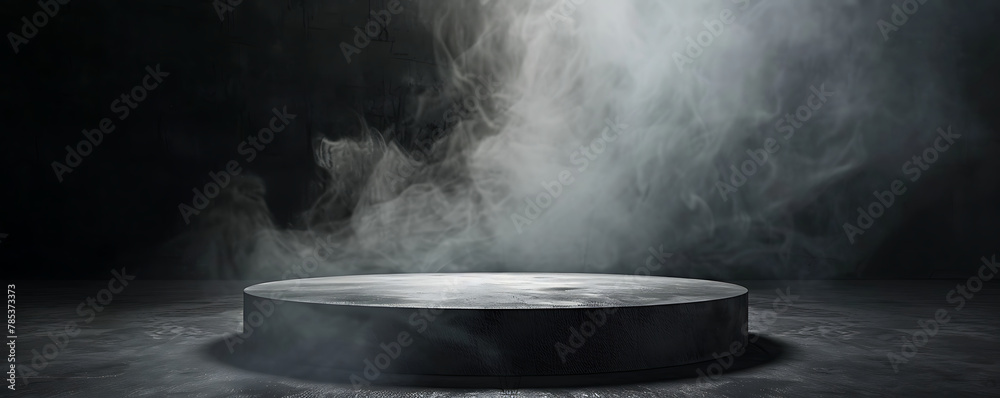 Product platform Dark black floor podium empty room table scene to place display in a studio smoky dust. Product platform Dark black floor podium empty room table scene to place display in a studio smoky dust.