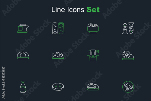 Set line Wonton, Sushi, Homemade pie, Soy sauce bottle, Xiao long bao, Asian noodles in paper box, Served fish plate and Dumpling icon. Vector