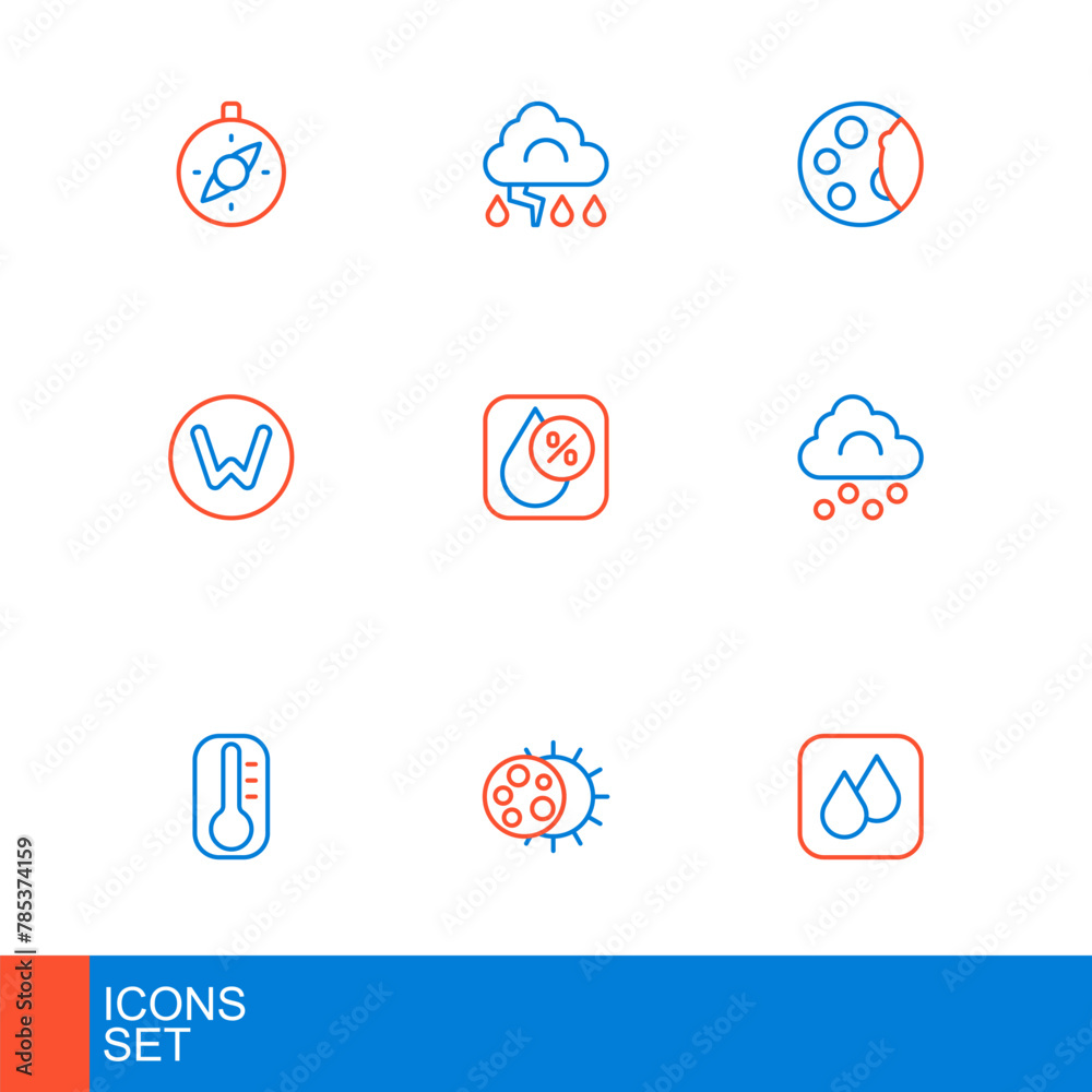 Set line Water drop, Eclipse of the sun, Thermometer, Hail cloud, Compass north, percentage, Moon phases and Cloud and lightning icon. Vector Set line Water drop, Eclipse of the sun, Thermometer, Hail cloud, Compass north, percentage, Moon phases and Cloud and lightning icon. Vector