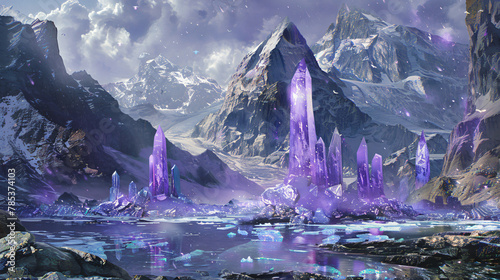 Fantasy landscape with sandy glaciers and purple crystal