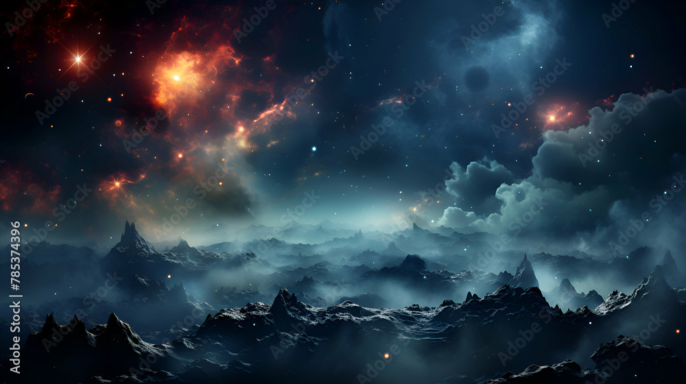 Fantasy landscape with nebula. stars and galaxies. 3D rendering