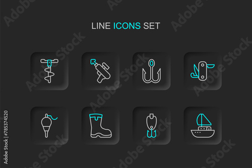 Set line Yacht sailboat, Fishing lure, boots, float, Swiss army knife, hook, harpoon and Hand ice drill icon. Vector