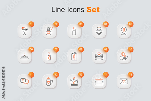 Set line Envelope with 8 March, Handbag, King crown, Coffee cup heart, Heart speech bubble, Female gender symbol, Bedroom and Greeting card icon. Vector