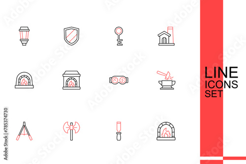 Set line Blacksmith oven, Rasp metal file, Medieval poleaxe, Air blower bellows, Anvil and hammer, Welding glasses, and icon. Vector