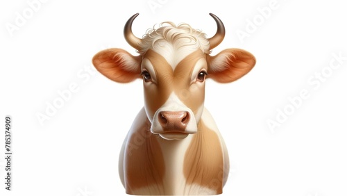 This cow is characterized by its light brown and white color. It has curved and slender horns. Its demeanor is calm and facing the camera. This indicates the gentle nature which is the general behavio