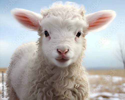 Closeup of cute white lamb looking at camera in winter field photo
