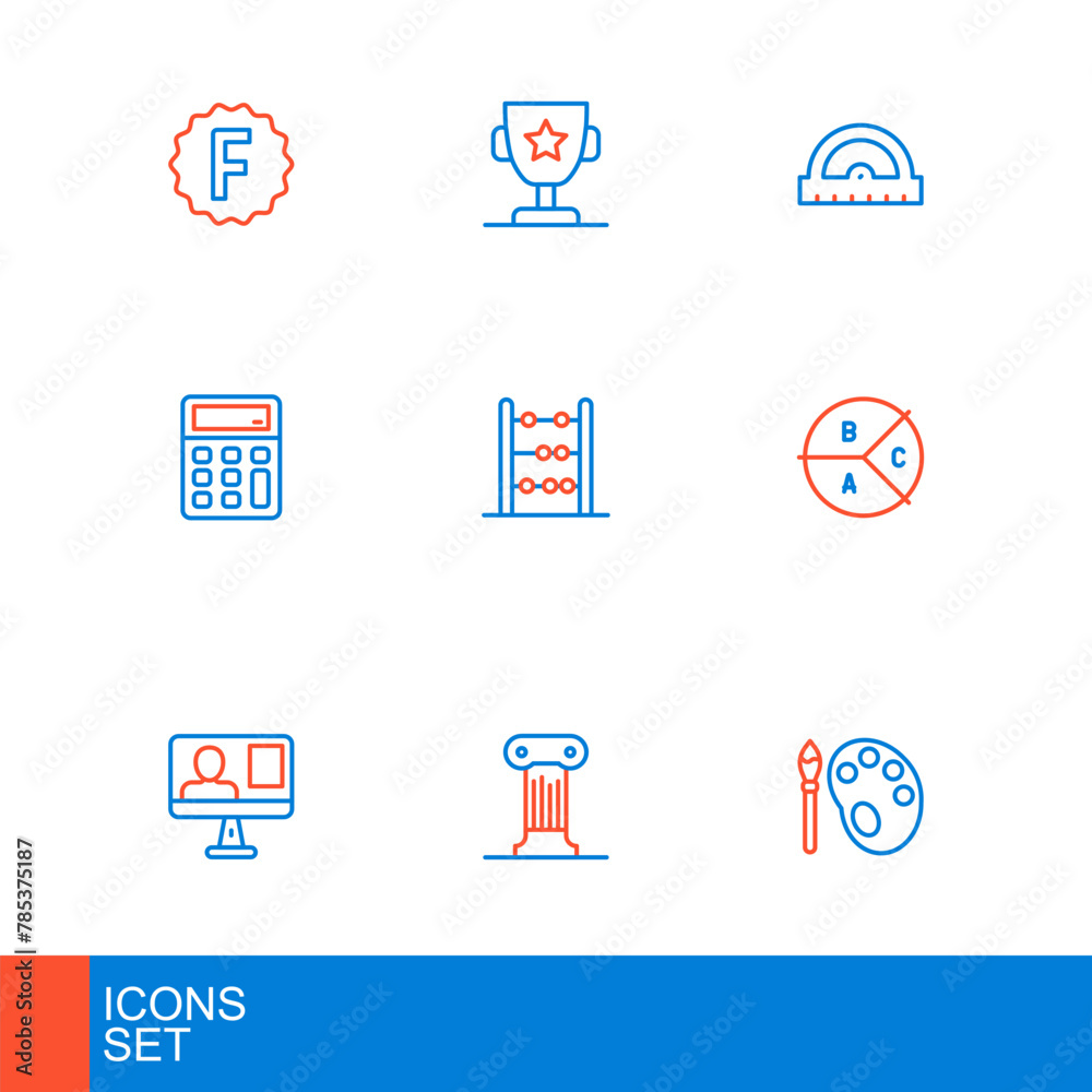 Set line Paint brush with palette, Law pillar, Online class, Pie chart infographic, Calculator, Abacus, Protractor grid and Award cup icon. Vector Set line Paint brush with palette, Law pillar, Online class, Pie chart infographic, Calculator, Abacus, Protractor grid and Award cup icon. Vector