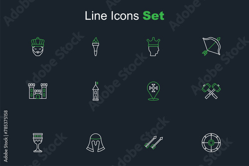 Set line Round shield, Medieval arrows, helmet, goblet, Crossed battle hammers, Crusade, Castle tower and icon. Vector