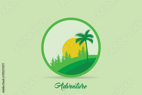 Round emblem with forest trees and mountains silhouette © Kholil