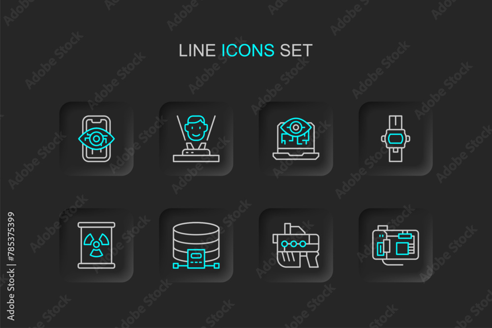 Set line Motherboard, Futuristic weapon, Cloud database, Radioactive waste in barrel, Wrist watch, Computer vision, Hologram and icon. Vector Set line Motherboard, Futuristic weapon, Cloud database, Radioactive waste in barrel, Wrist watch, Computer vision, Hologram and icon. Vector