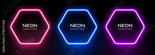 Neon light hexagon frame. Glow of shapes on a black background. Blue, pink and purple laser gradient effect. Vector set of fluorescent banners.