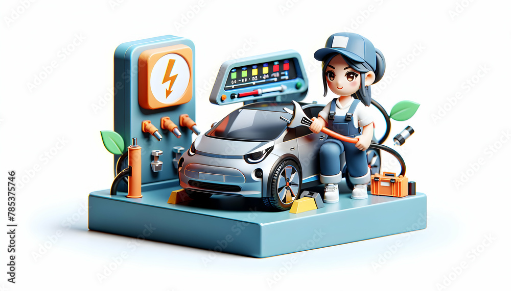 Professional Electric Vehicle Specialist: 3D Icon with Mechanic Working in a Candid Daily Environment, Isolated on White Background Professional Electric Vehicle Specialist: 3D Icon with Mechanic Working in a Candid Daily Environment, Isolated on White Background