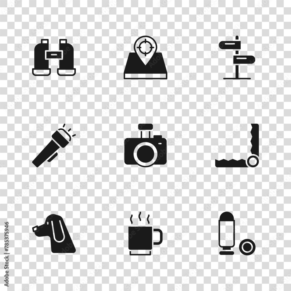 Set Coffee cup, Trap hunting, Bullet, Photo camera, Road traffic sign, Binoculars, Hunt place and Flashlight icon. Vector Set Coffee cup, Trap hunting, Bullet, Photo camera, Road traffic sign, Binoculars, Hunt place and Flashlight icon. Vector