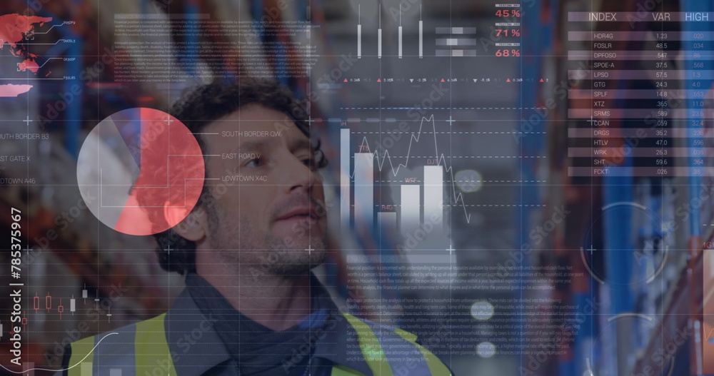 Obraz premium Image of statistical data processing over caucasian male worker checking stock at warehouse