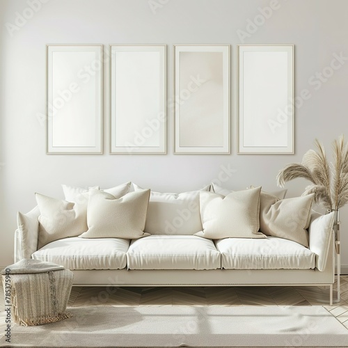 Frame Mockup Wall. Mockup frame in farmhouse living room interior. Interior mockup with rectangular vertical frame hanging on a white textured wall mockup house background.