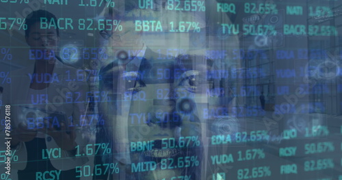 Image of financial data over caucasian woman face and businesspeople in office