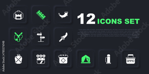 Set Thermos container, Ammunition box, Road traffic sign, Tourist tent, Slingshot, Quiver with arrows, Hunting cartridge belt and Target sport icon. Vector