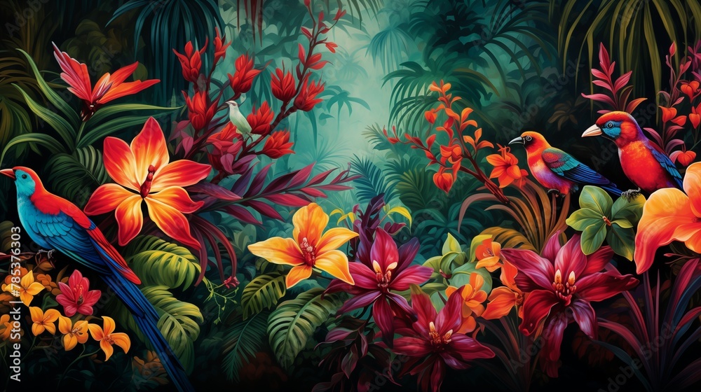 A lush tropical rainforest alive with the vibrant hues of exotic birds, butterflies, and flowers, each adding to the symphony of colors.