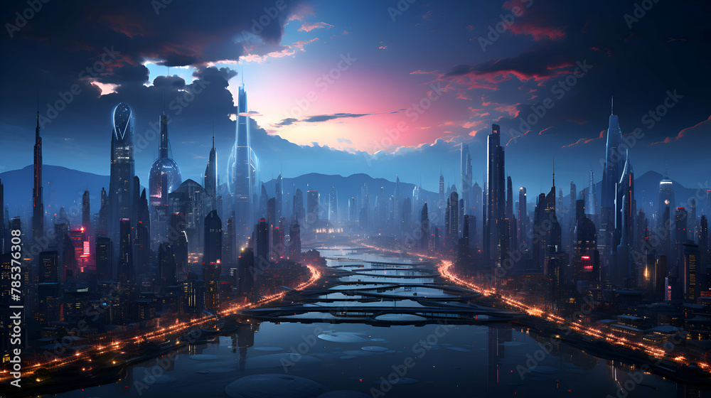 Fototapeta premium Futuristic city landscape with skyscrapers at night. 3D rendering