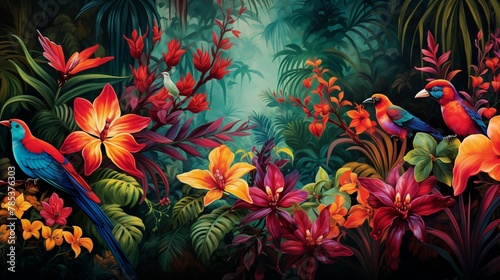 A lush tropical rainforest alive with the vibrant hues of exotic birds  butterflies  and flowers  each adding to the symphony of colors.