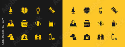 Set Hunting cartridge belt, Tourist tent, Swiss army knife, Binoculars, Ammunition box, Walkie talkie, Tree and Sniper optical sight icon. Vector