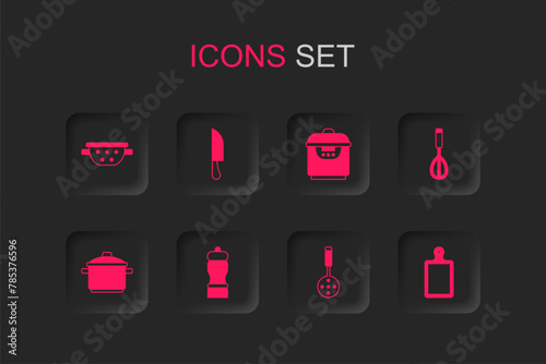 Set Pepper, Knife, Kitchen colander, Spatula, whisk, Cutting board, Slow cooker and Cooking pot icon. Vector
