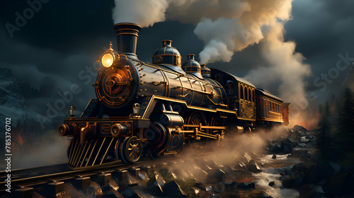 Steam locomotive in the mountains. 3D illustration. Fantasy.