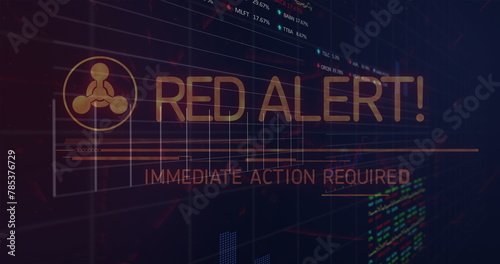 Image of red alert, graphs and financial data over navy background