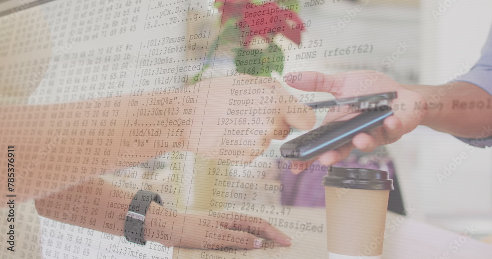 Image of data processing over hand paying with smartphone Image of data processing over hand paying with smartphone