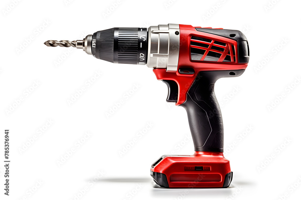 Cordless drill with a sharp metal drill, isolated on white background