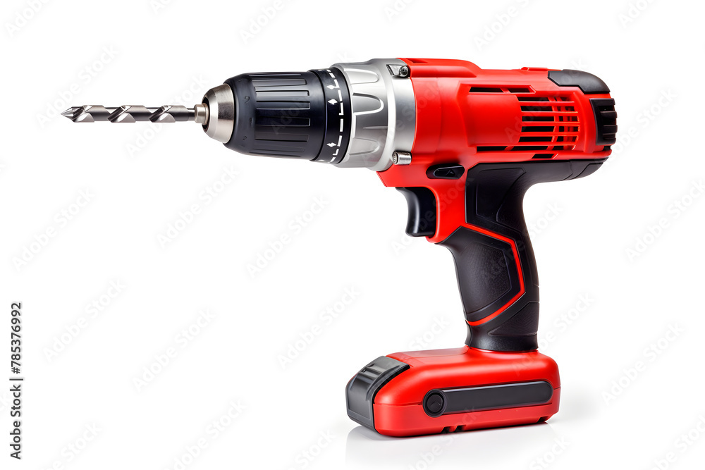 Cordless drill with a sharp metal drill, isolated on white background
