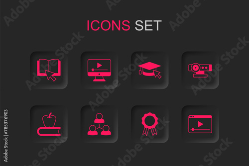 Set Online class, play video, book, education with diploma, Web camera, Graduation cap cursor and Book apple icon. Vector