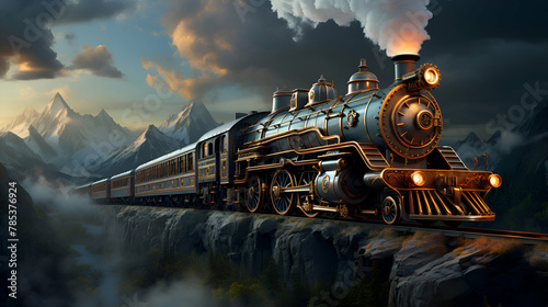 Steam locomotive in the mountains. 3D illustration. Fantasy. photo