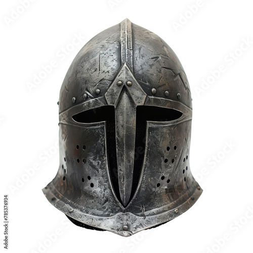 Medieval Knight's Metal Helmet with Visor on Isolated Background, Representing Historical Warfare and Armor Crafting.