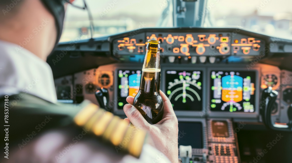 Grotesque image of a commercial pilot drinking beer in flight Grotesque image of a commercial pilot drinking beer in flight