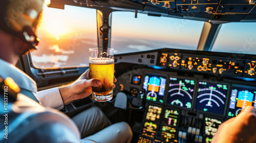 Grotesque image of a commercial pilot drinking beer in flight photo