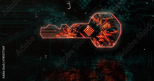 Image of key with integrated circuit and digital padlock on black background