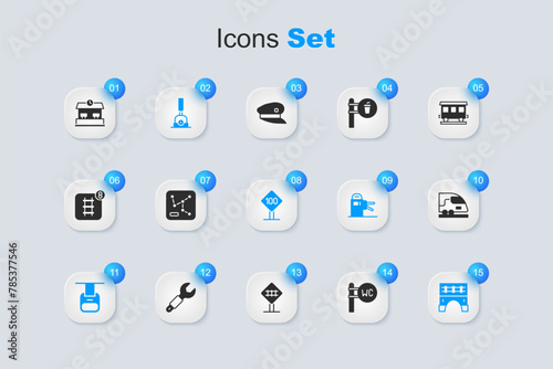 Set Toilet, Railway map, Arrow for switching the railway, Cable car, Bridge train, High-speed, station and Speed limit traffic sign 100 km icon. Vector