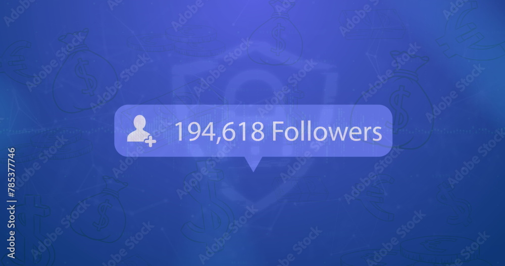 Image of social media followers notification over padlock and money bags on blue background Image of social media followers notification over padlock and money bags on blue background